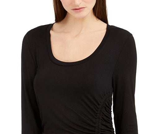 INC International Concepts Women's Long Sleeve Ruched Front Top Black Size Large