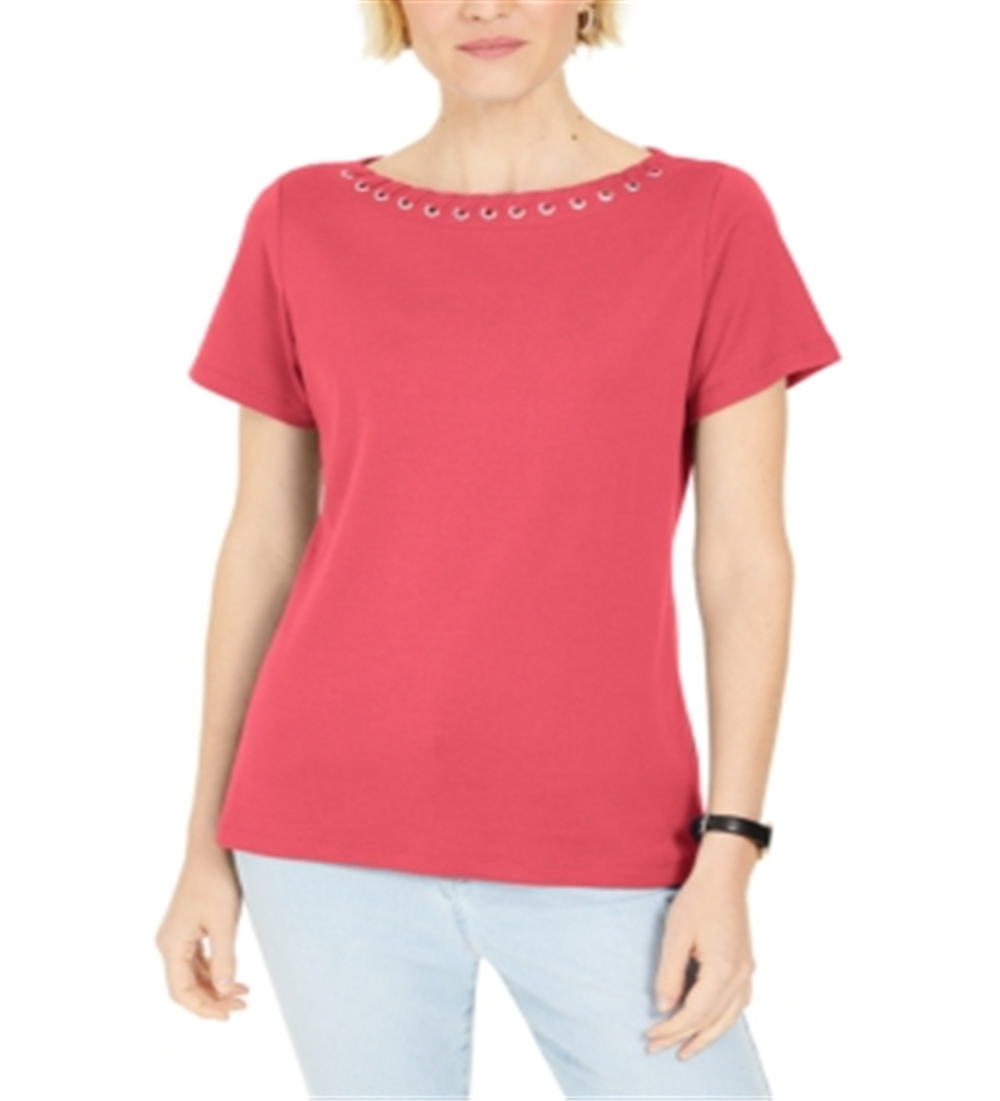 Karen Scott Women's Grommet Trim Top Coral Size Large