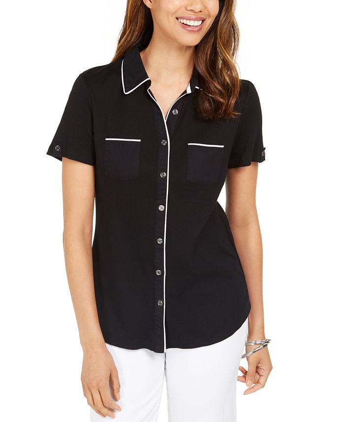 Karen Scott Women's Cotton Piping Button Top Black Size X-Large