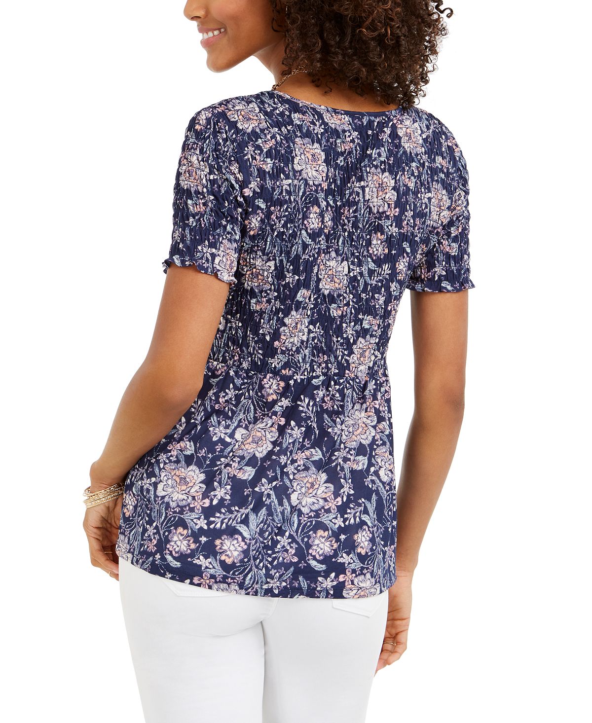 Style & Co Women's Printed Smocked Top Blue Size X-Small