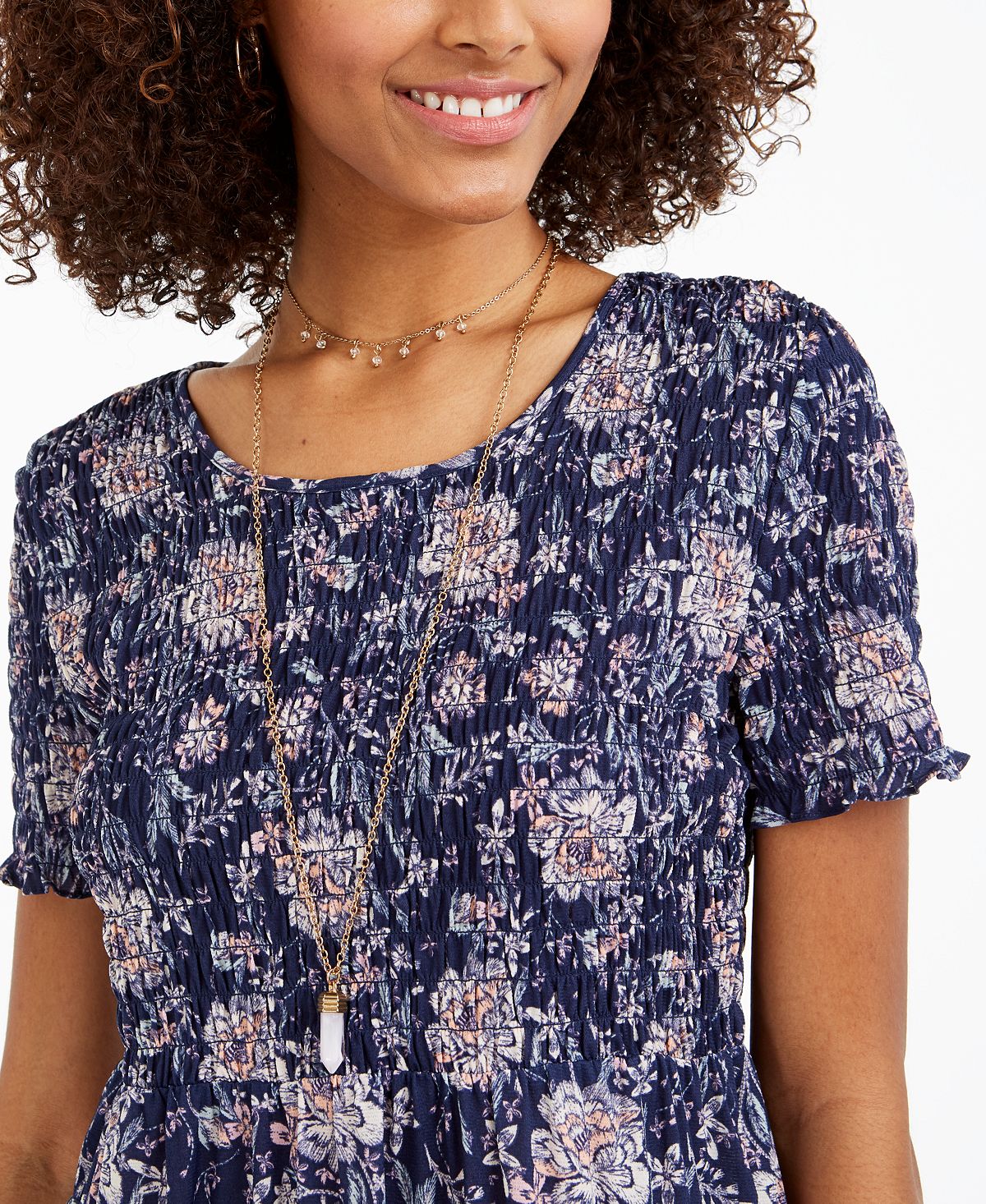 Style & Co Women's Printed Smocked Top Blue Size X-Small