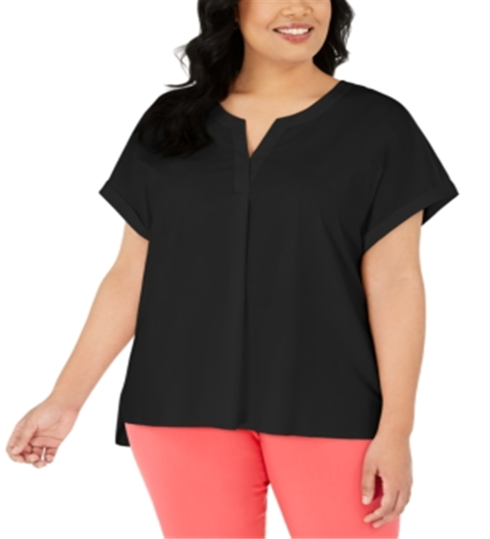 Alfani Women's Plus V Neck Stretch Blouse Black Size 1X