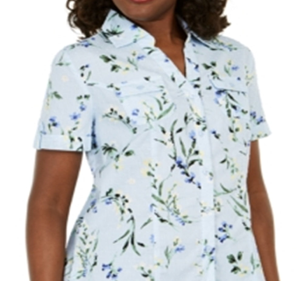 Karen Scott Women's Cotton Floral Print Shirt Blue Size Large