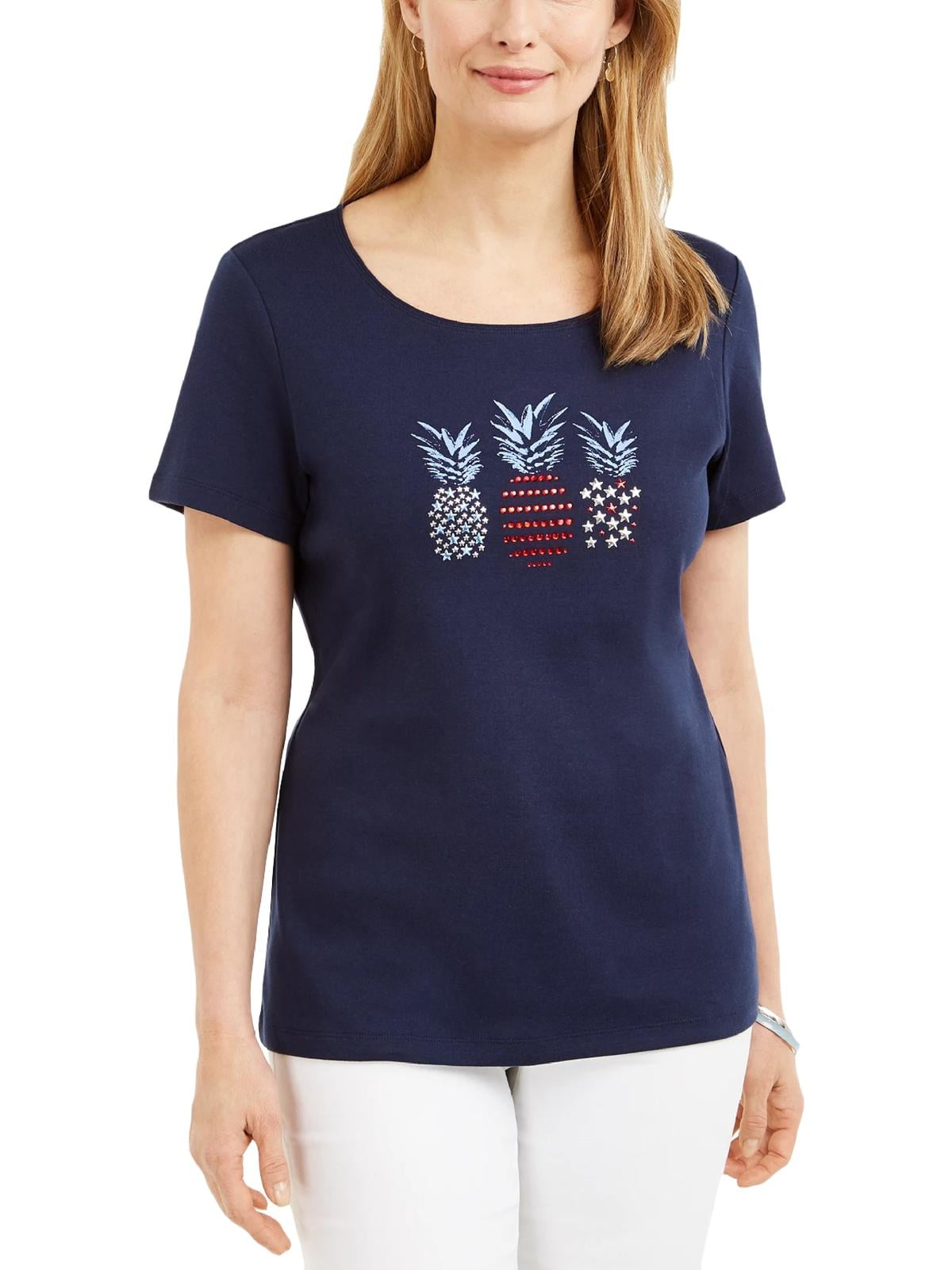 Karen Scott Women's Navy Embellished Pineapple T-Shirt Size Medium