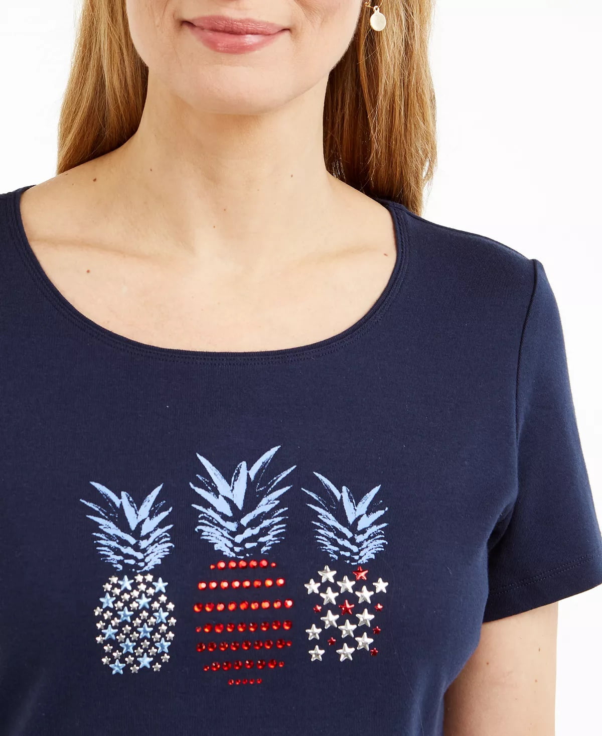 Karen Scott Women's Navy Embellished Pineapple T-Shirt Size Medium