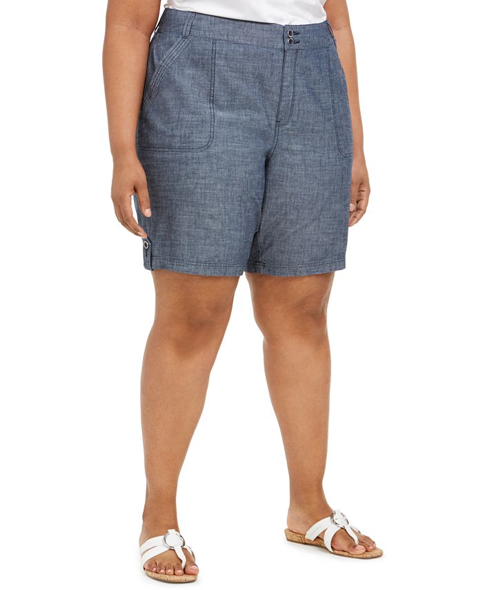 Karen Scott Women's Cotton Chambray Utility Shorts Blue Size 20W