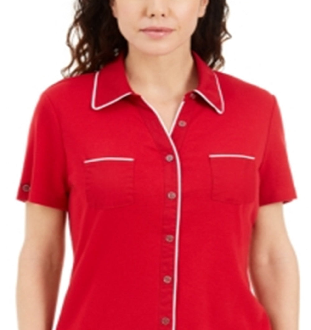 Karen Scott Women's Cotton Piping Button Top Red Size Medium