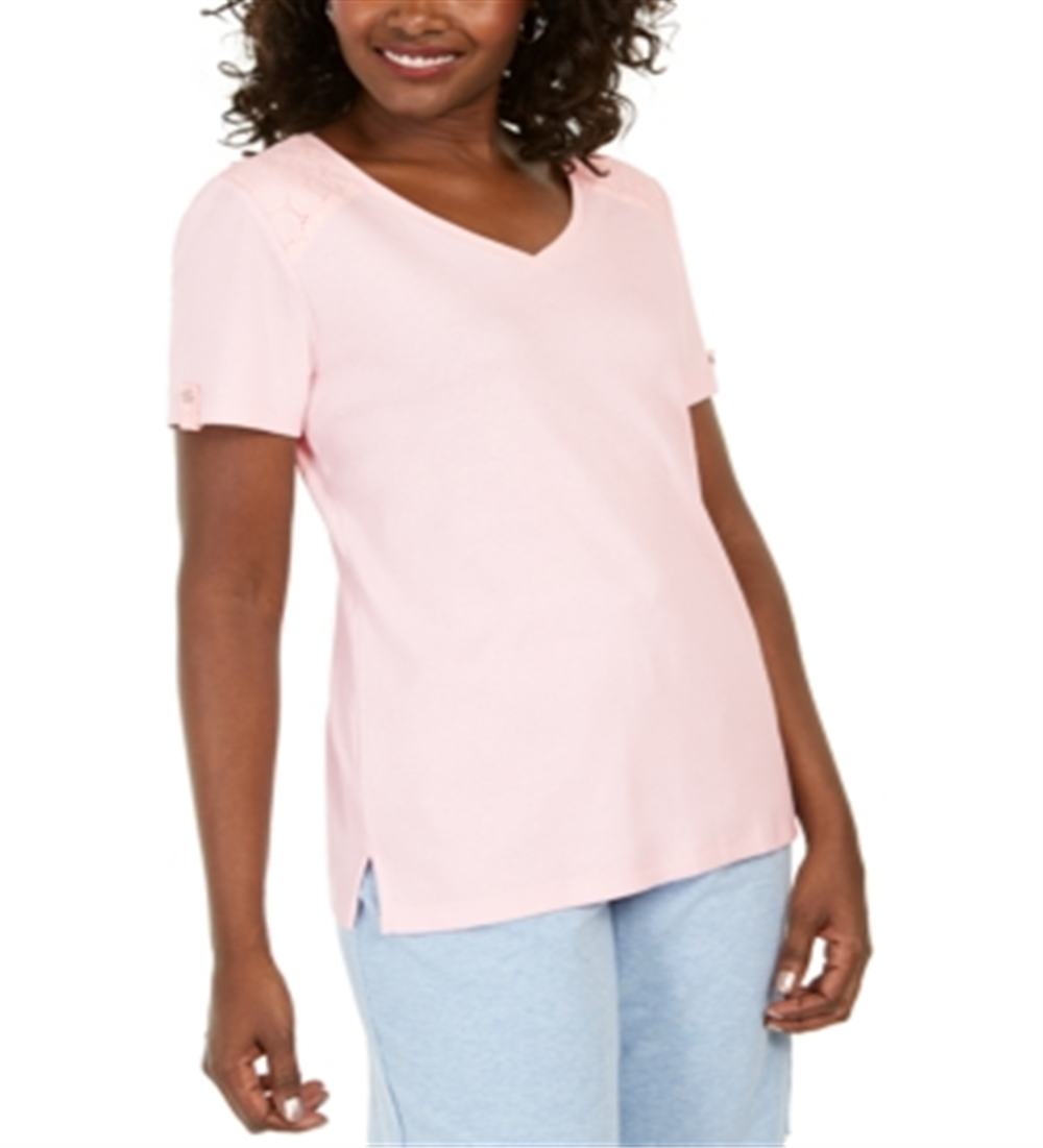 Karen Scott Women's Eyelet Shoulder V Neck Top Pink Size Medium