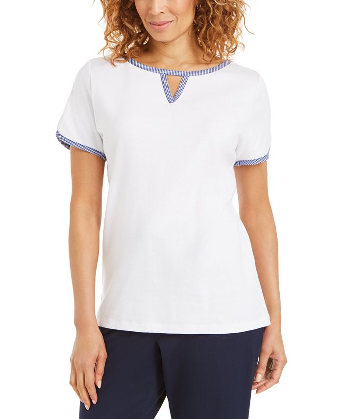 Karen Scott Women's Contrast Trim Keyhole Top White Size XX-Large