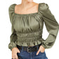 Bar III Women's Square Neck Smocked Puff Sleeve Top Green Size Large