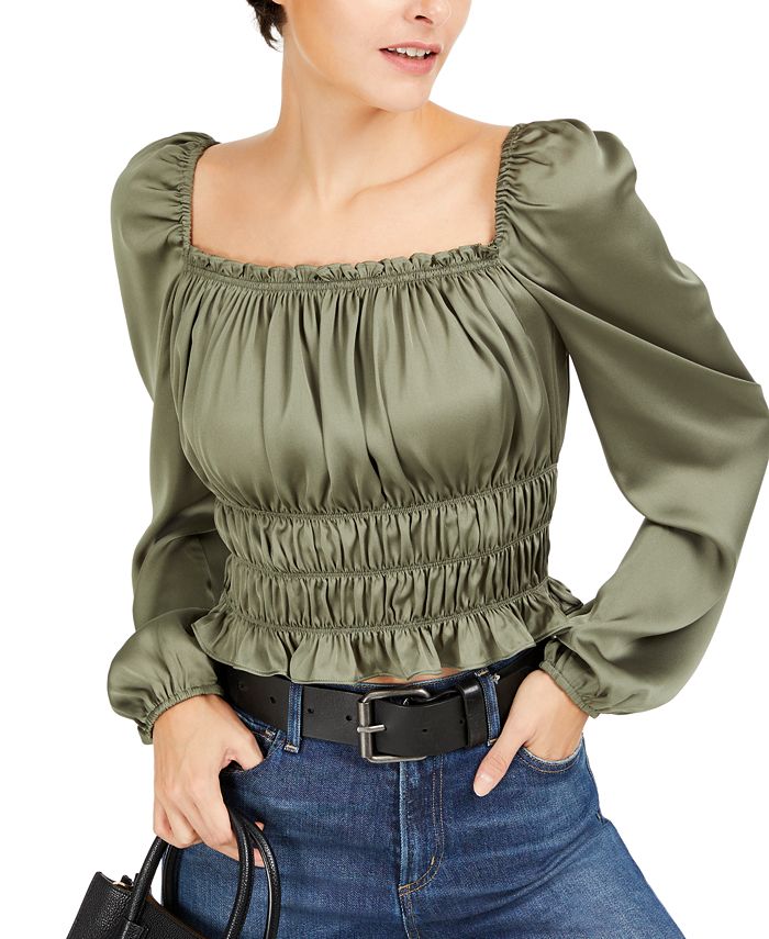 Bar III Women's Square Neck Smocked Puff Sleeve Top Green Size Large