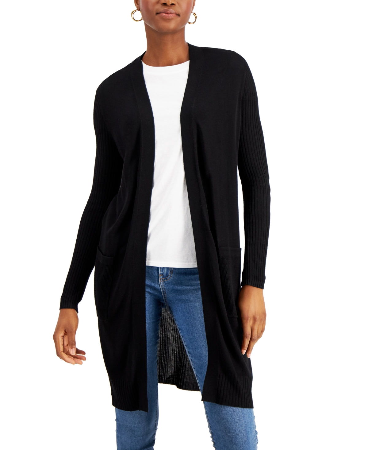 INC International Concepts Women's Ribbed Duster Cardigan Black Size X-Large