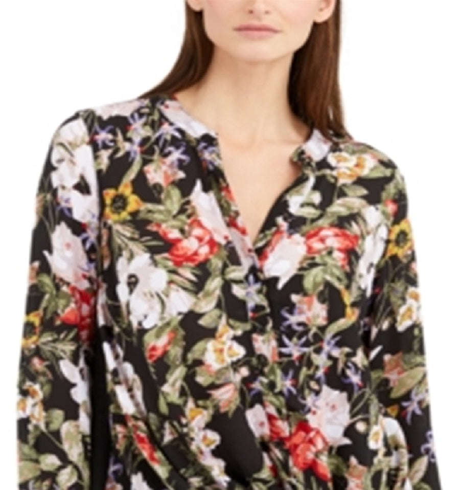 INC International Concepts Women's Floral Print Twist Front Blouse Black Size X-Large