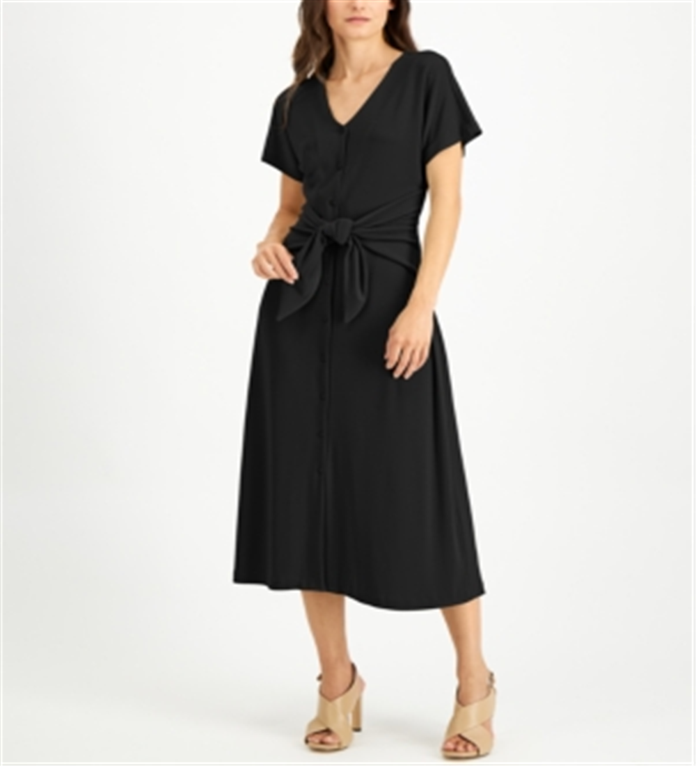 Alfani Women's Short Sleeve V Neck Below The Knee Dress Black Size X-Large