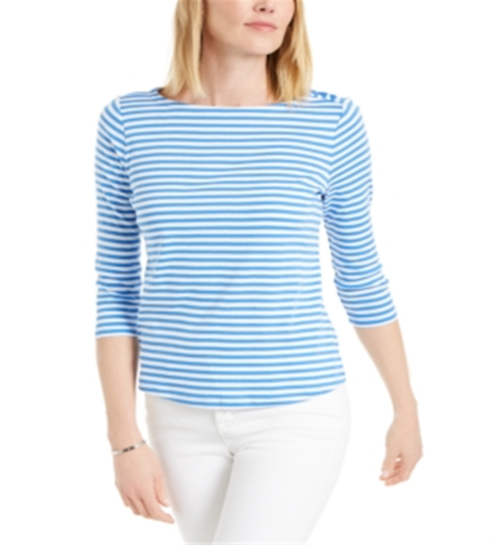 Charter Club Women's Supima Cotton Striped Top Blue Size Small