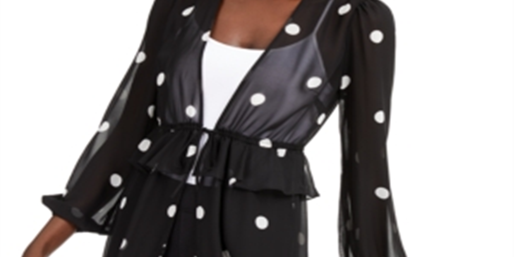 Inc International Concepts Women's Polka-Dot Tie-Waist Kimono Black Size XL