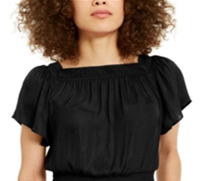 INC International Concepts Women's Knit Flutter Sleeve Smock Hem Blouse Black Size Small