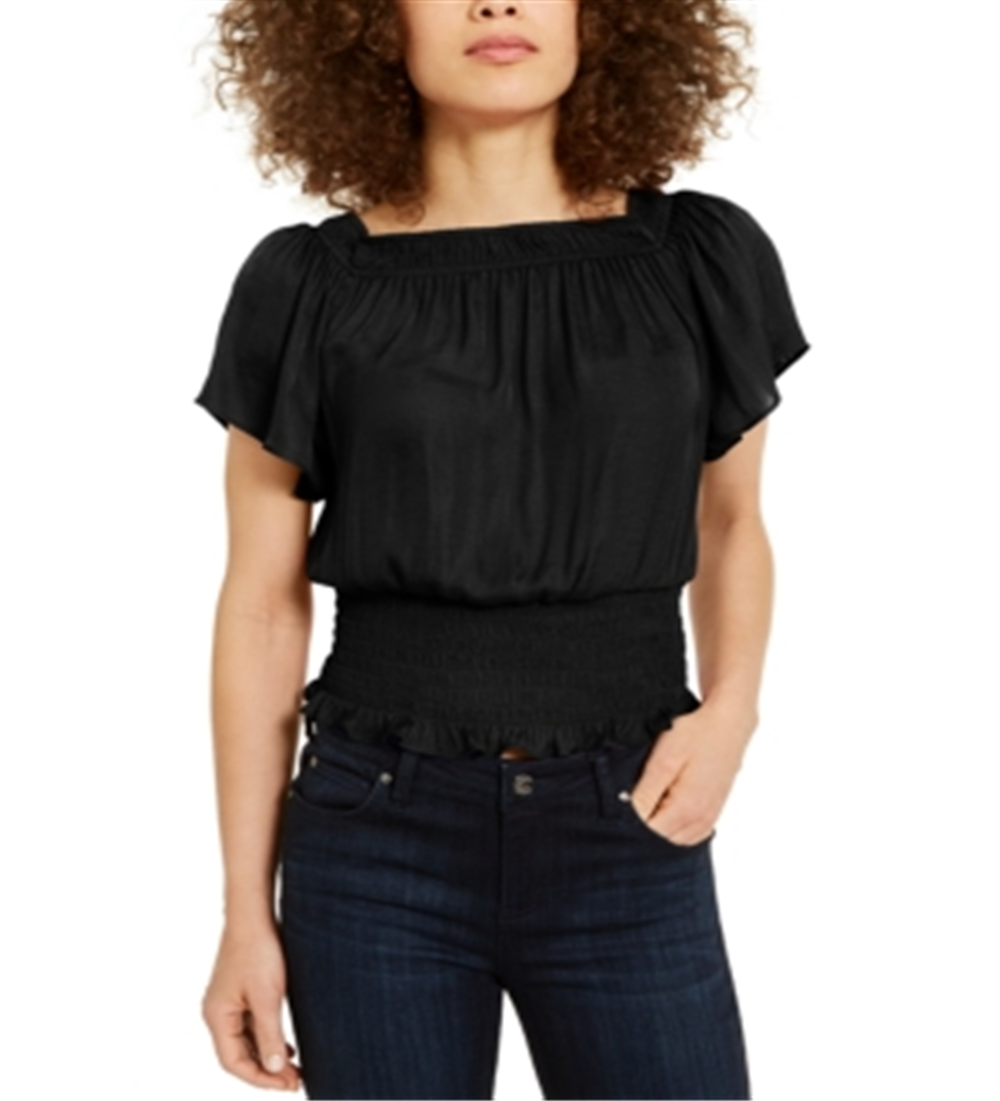 INC International Concepts Women's Knit Flutter Sleeve Smock Hem Blouse Black Size Small