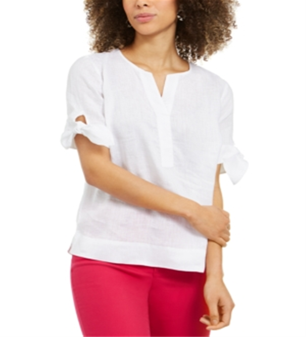Charter Club Women's Linen Split Neck Tie Cuff Top White Size Small
