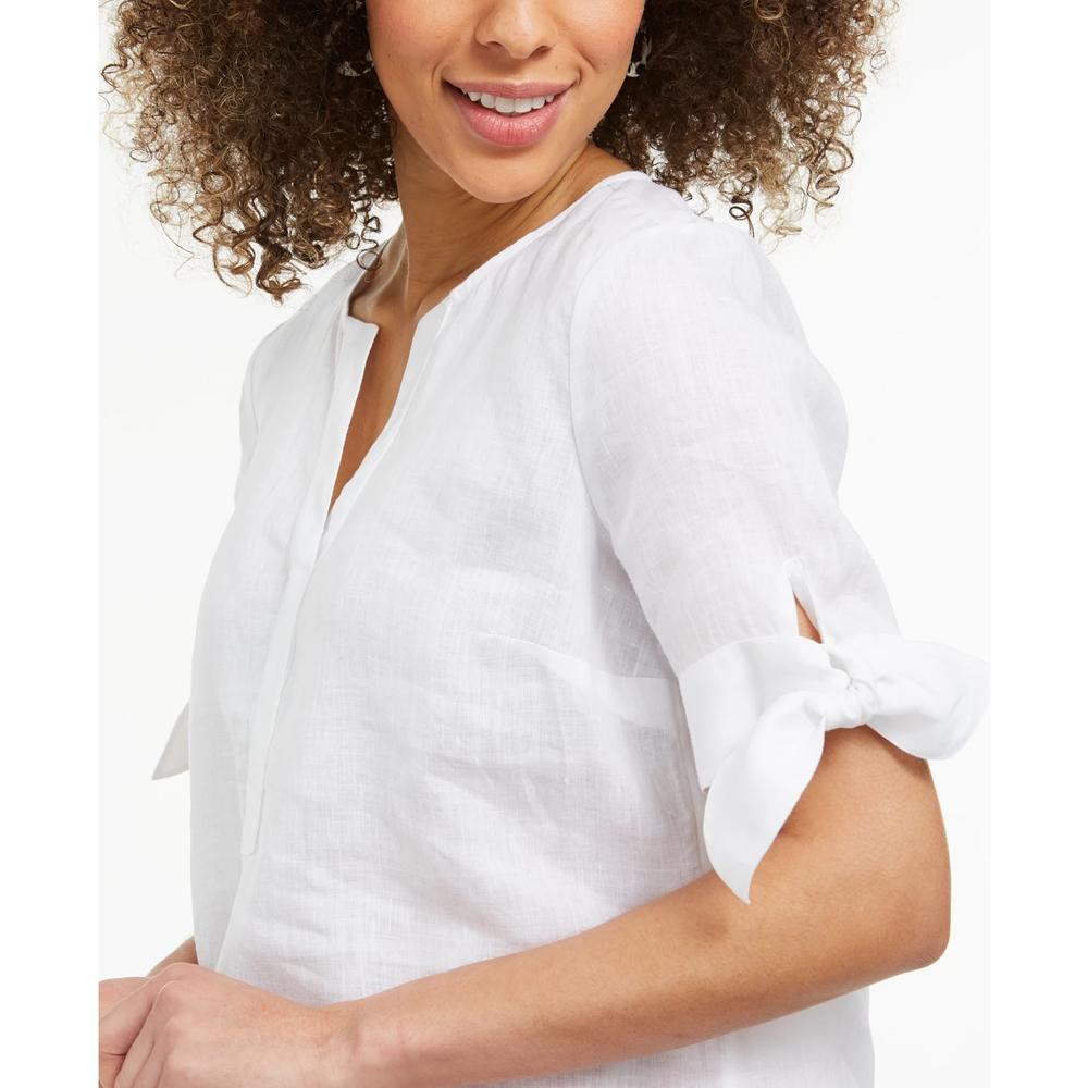 Charter Club Women's Linen Split Neck Tie Cuff Top White Size Small