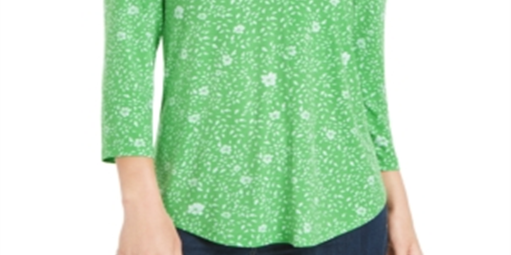 Charter Club Women's Floral Print Pleated V Neck 3/4 Sleeve Top Green Size Small