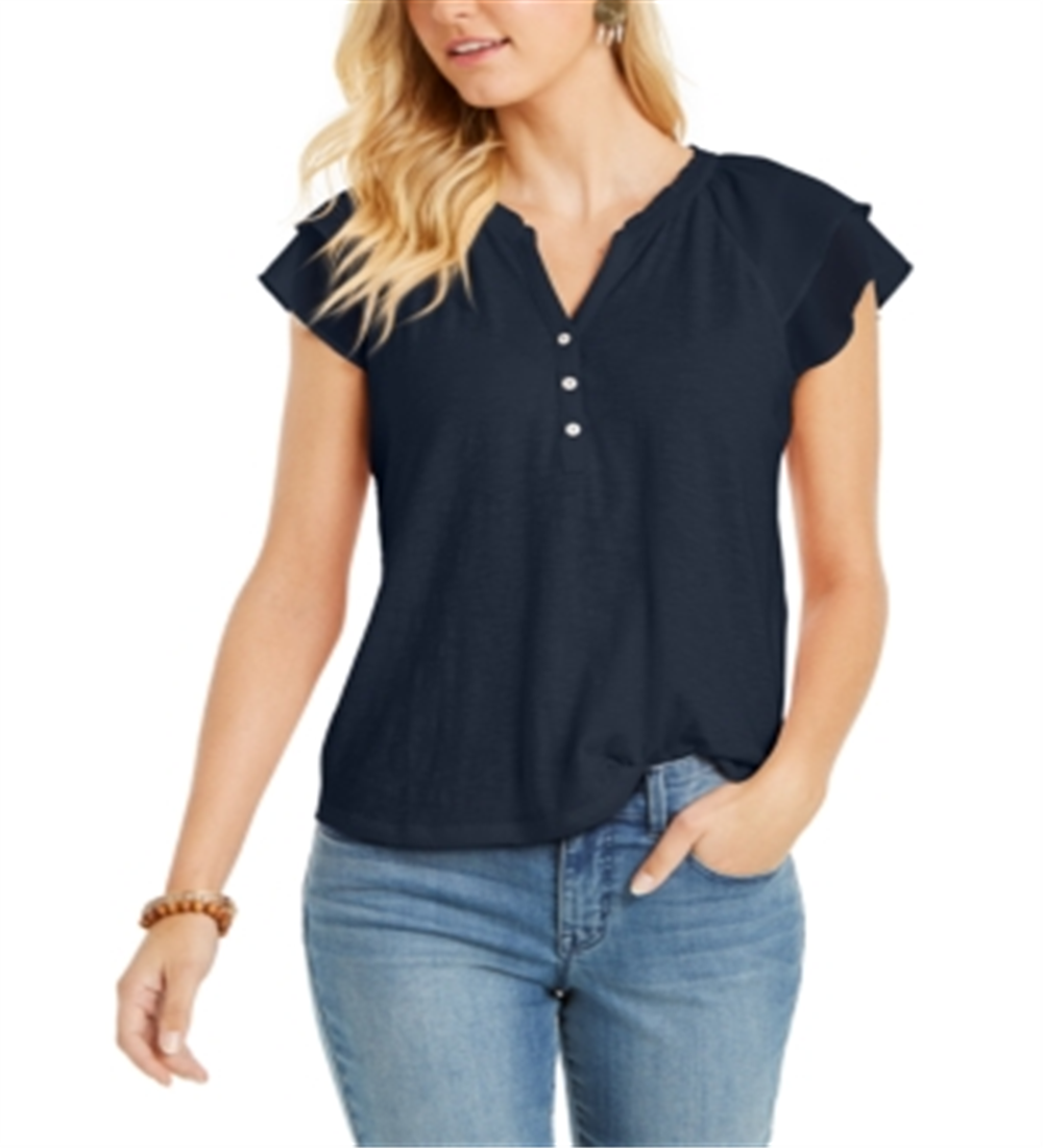 Style & Co Women's Ruffled Split Neck Top Blue Size S