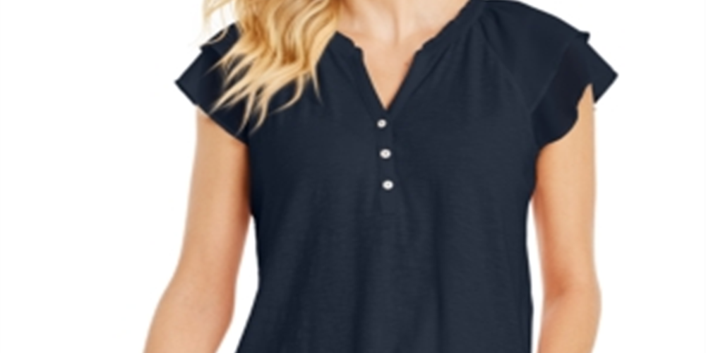 Style & Co Women's Ruffled Split Neck Top Blue Size S