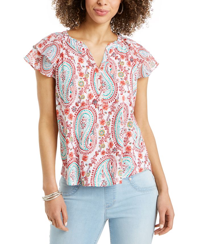 Style & Co Women's Printed Split Neck Top White Size Small