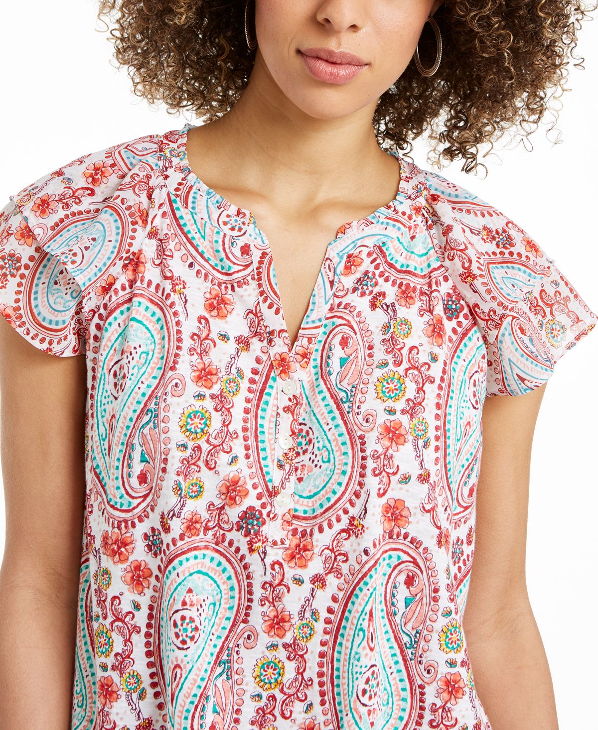 Style & Co Women's Printed Split Neck Top White Size Small