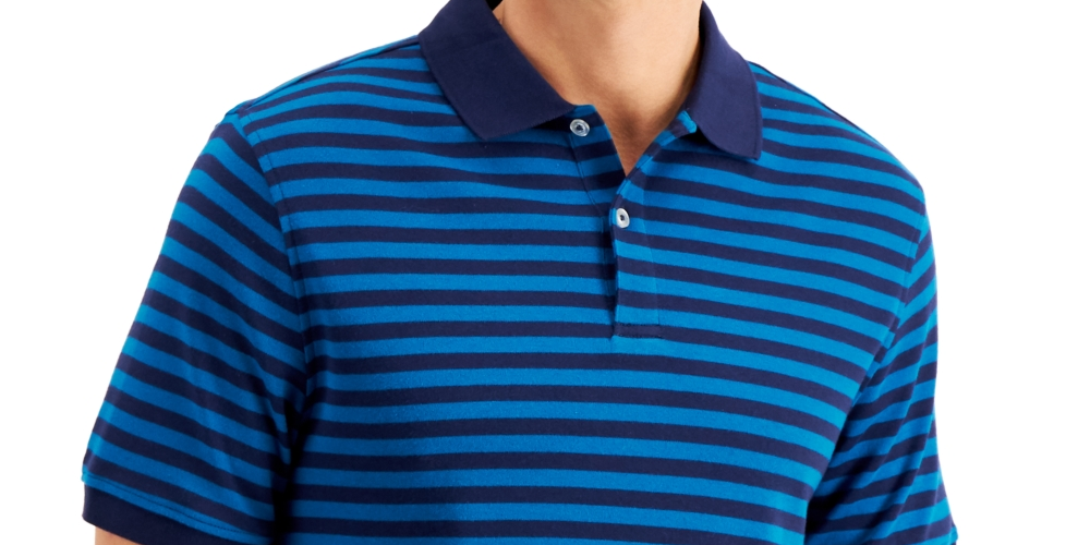 Club Room Men's Interlock Striped Classic Fit Stretch Polo T-Shirt Blue Size Small