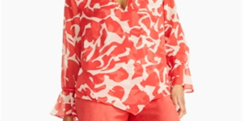 Alfani Women's Sheer Patterned Long Sleeve V Neck Tunic Top Red Size X-Small