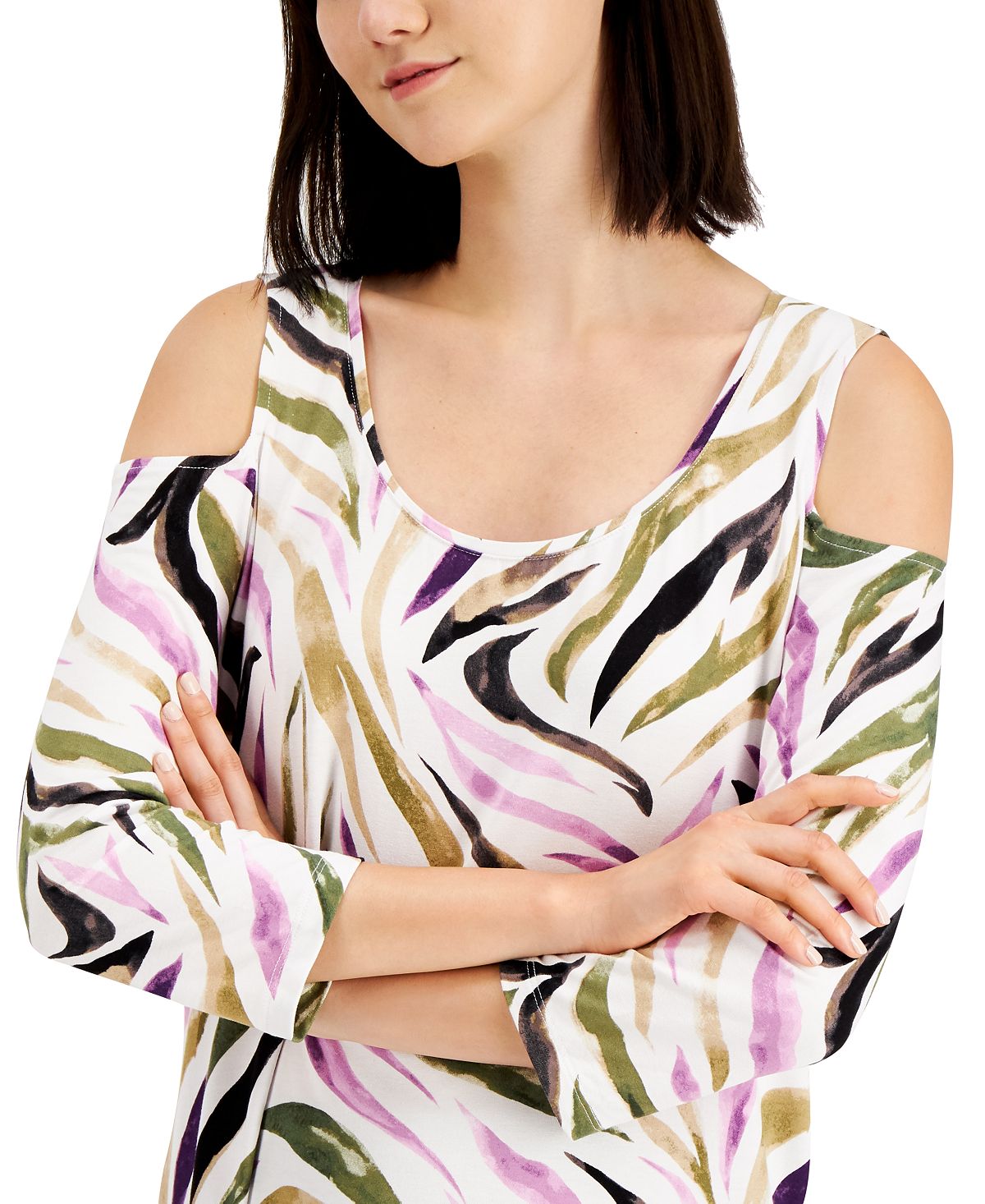 JM Collection Women's Zebra Print Cold Shoulder Top Purple Size Medium