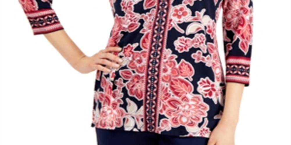 JM Collection Women's Oasis Embellished Mixed Print Top Red Size Small
