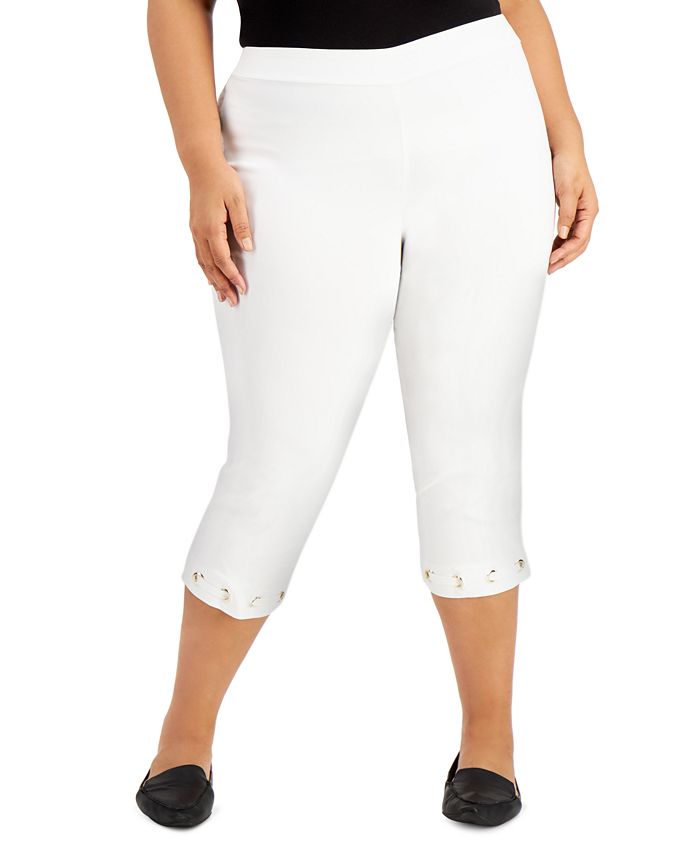 JM Collection Women's Grommet Hem Tummy Control Capri Pants White Size 1X