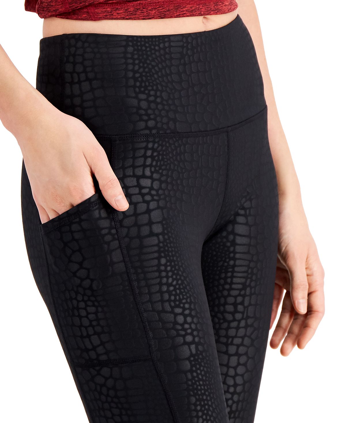 ID Ideology Women's Embossed Side Pocket 7/8 Length Leggings Black Size Medium