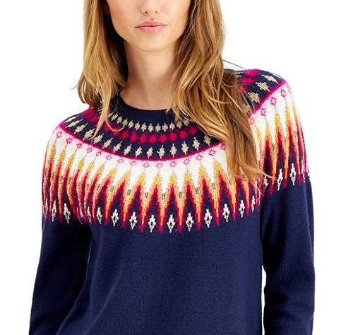 Style & Co Women's Printed Long Sleeve Crew Neck Sweater Blue Size Small