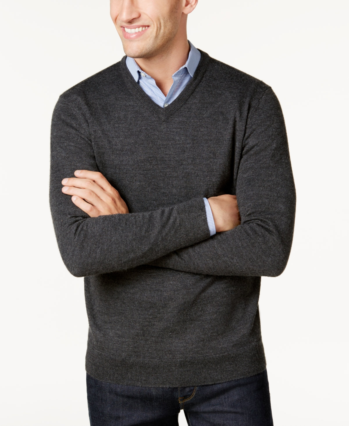 Club Room Men's Solid V Neck Merino Wool Blend Sweater Gray Size Large