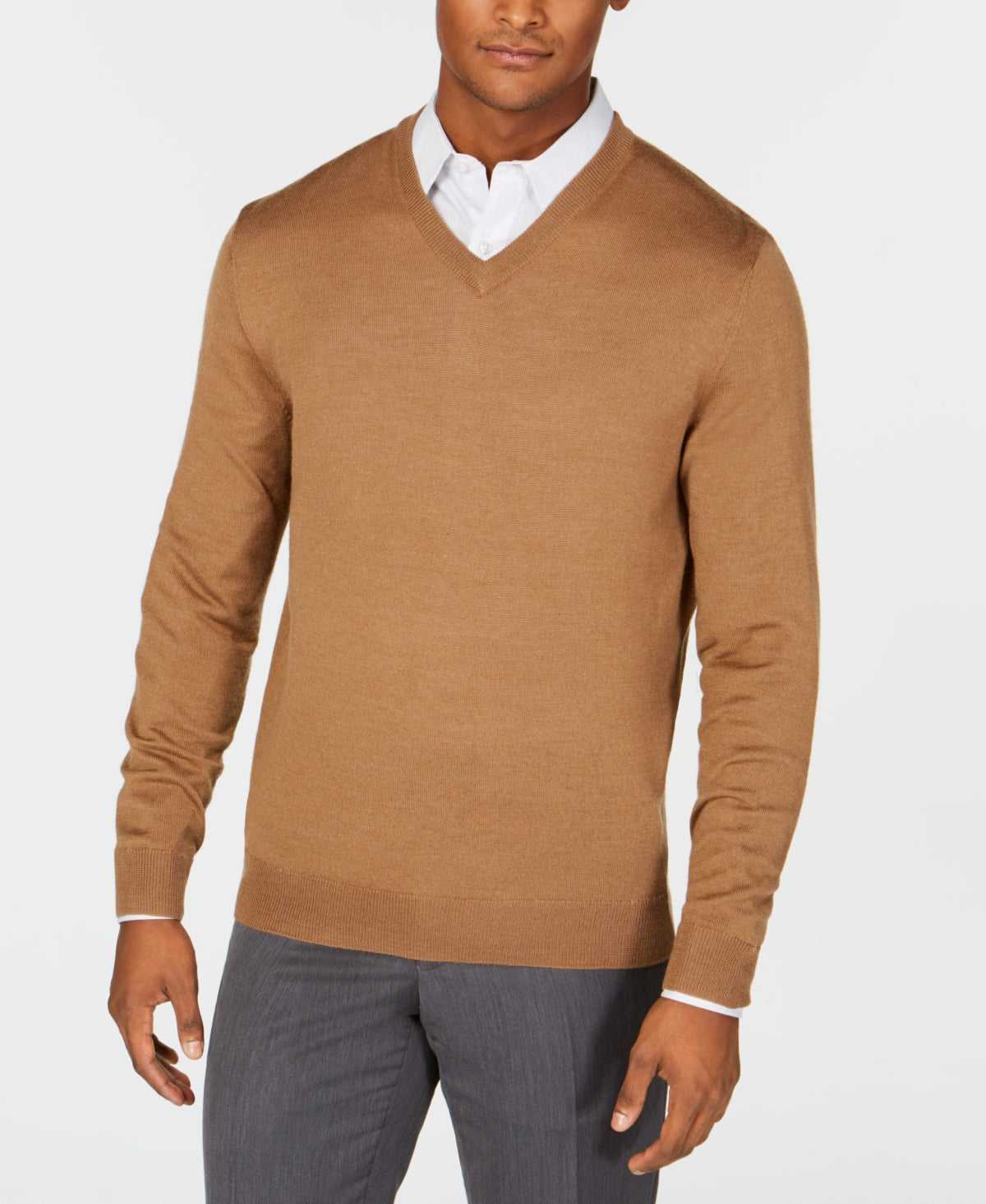 Club Room Men's Solid V Neck Merino Wool Blend Sweater Brown Size X-Large