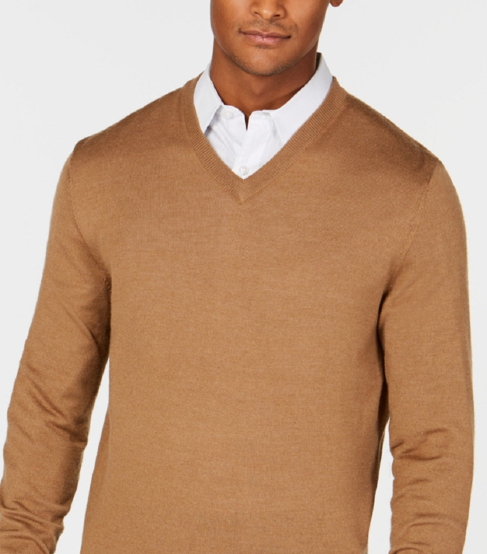 Club Room Men's Solid V Neck Merino Wool Blend Sweater Brown Size XX-Large