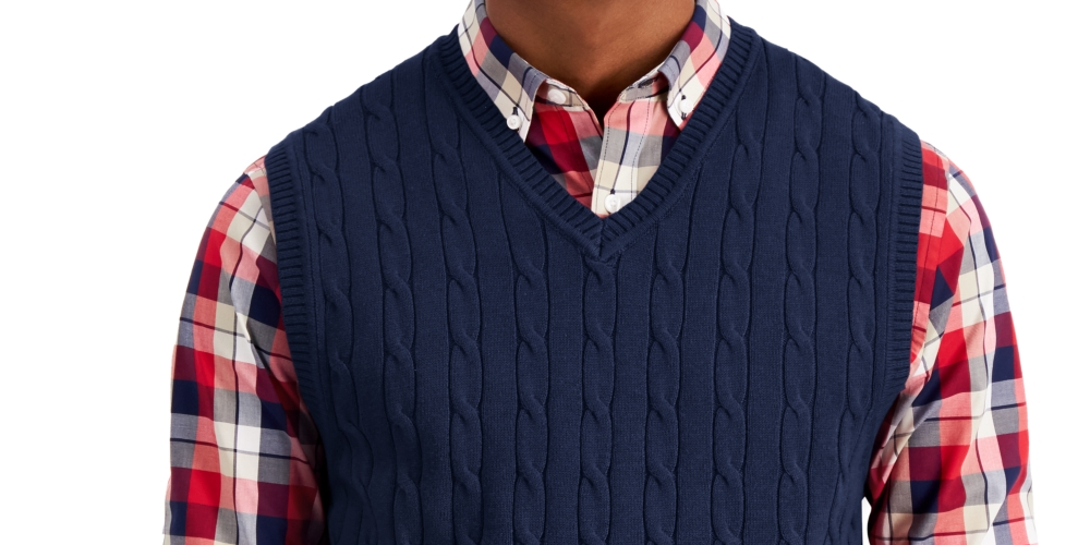 Club Room Men's Cable Knit Cotton Sweater Vest Blue Size Medium