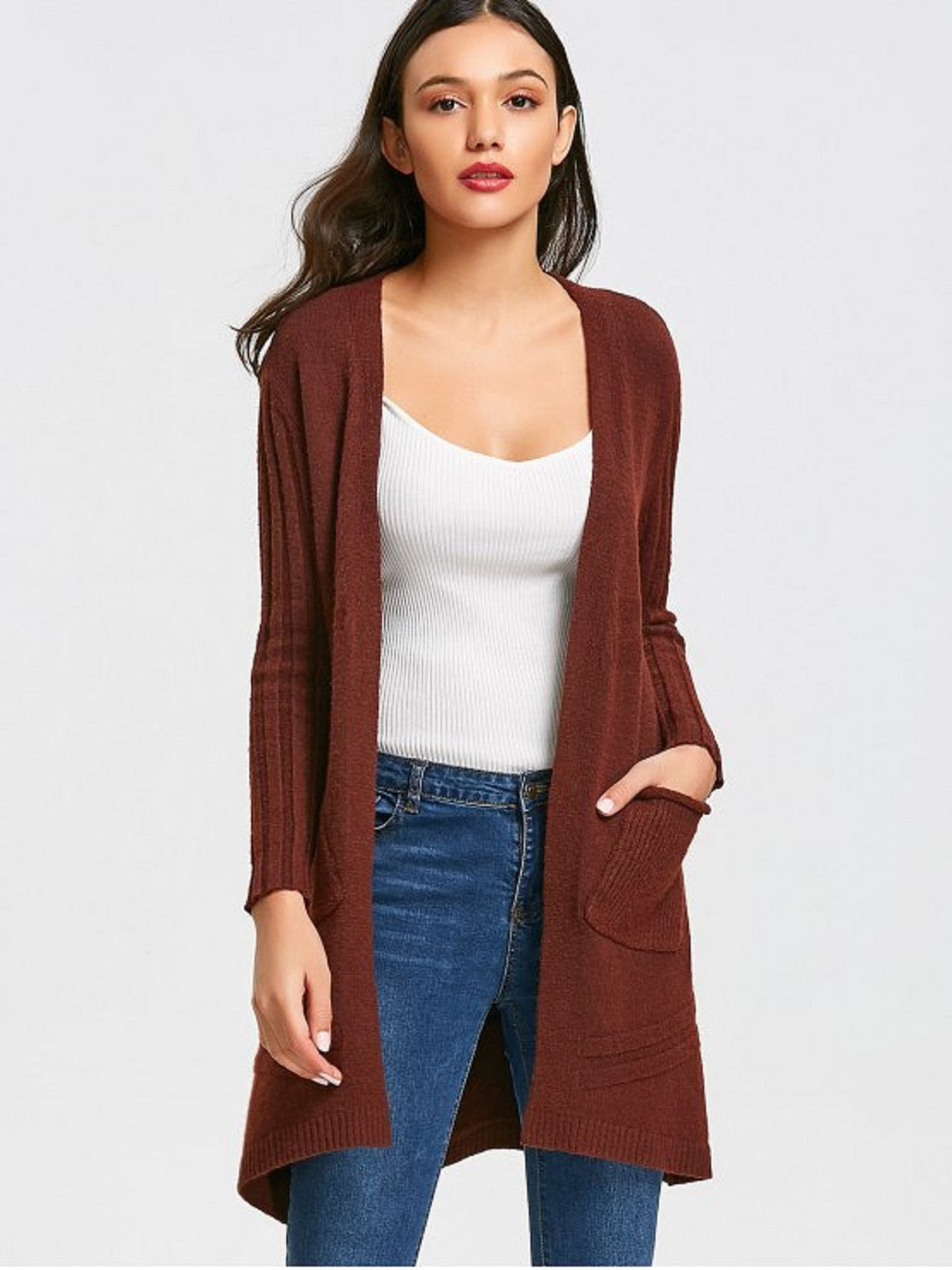 INC International Concepts Women's Ribbed Duster Cardigan Brown Size XX-Large
