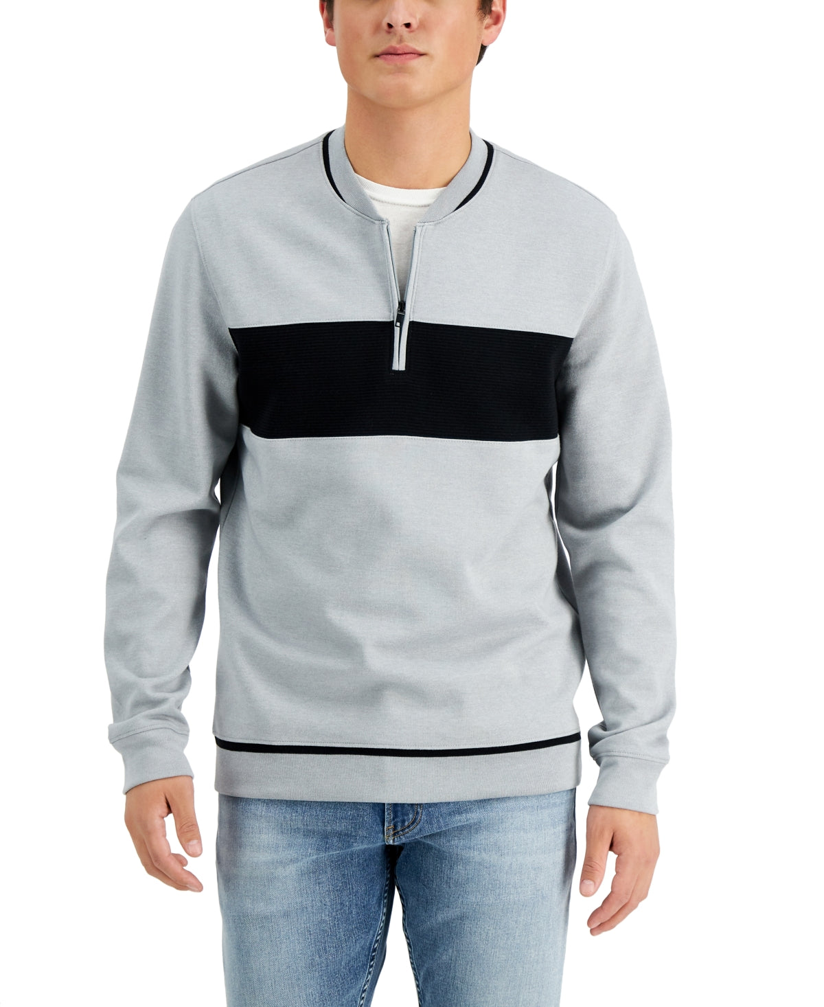 Alfani Men's Baseball Ottoman Quarter Zip Sweatshirt Gray Size Large
