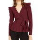 INC International Concepts Women's Ruffled Side Tie Long Sleeve V Neck Wear to Work Faux Wrap Top Brown Size Small