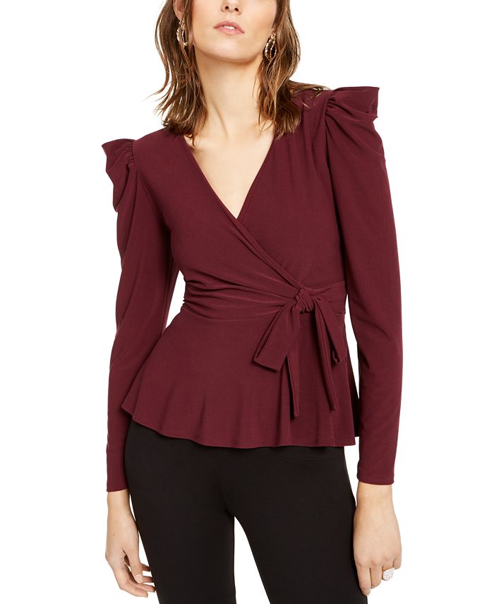 INC International Concepts Women's Ruffled Side Tie Long Sleeve V Neck Wear to Work Faux Wrap Top Brown Size Small