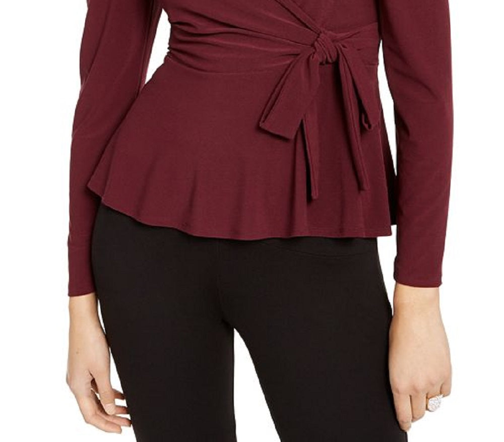 INC International Concepts Women's Ruffled Side Tie Long Sleeve V Neck Wear to Work Faux Wrap Top Brown Size Small