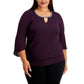 JM Collection Women's Bell Sleeve Rhinestone Neck Top Dark Purple Size X-Large