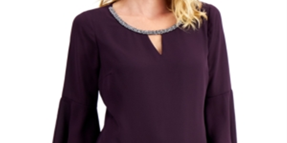 JM Collection Women's Bell Sleeve Rhinestone Neck Top Dark Purple Size X-Large