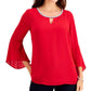 JM Collection Women's Bell Sleeve Rhinestone Neck Top Red Size Large
