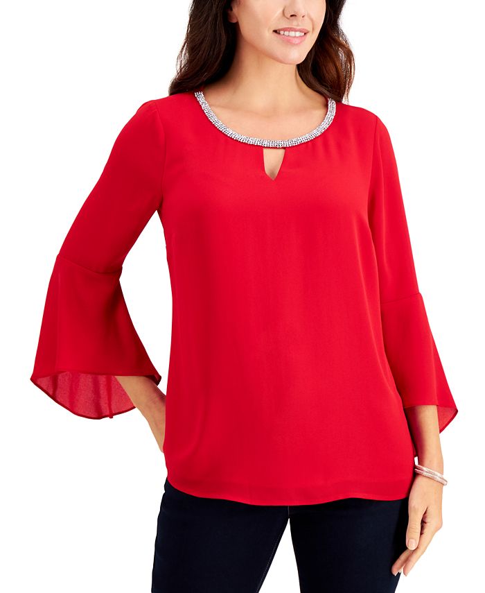 JM Collection Women's Bell Sleeve Rhinestone Neck Top Red Size Large