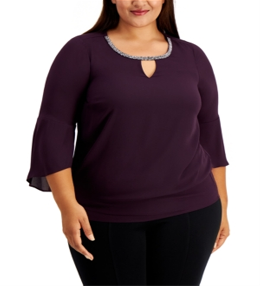 JM Collection Women's Bell Sleeve Embellished Trim Blouse Purple Size 2X
